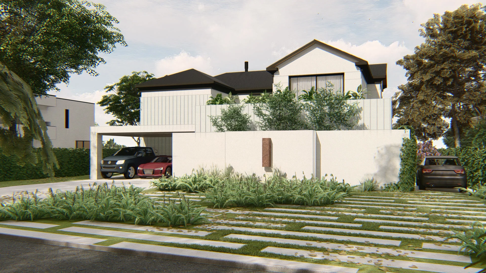 Street-facing view of a single-family home, with planting, materials and lighting developed for presentation.