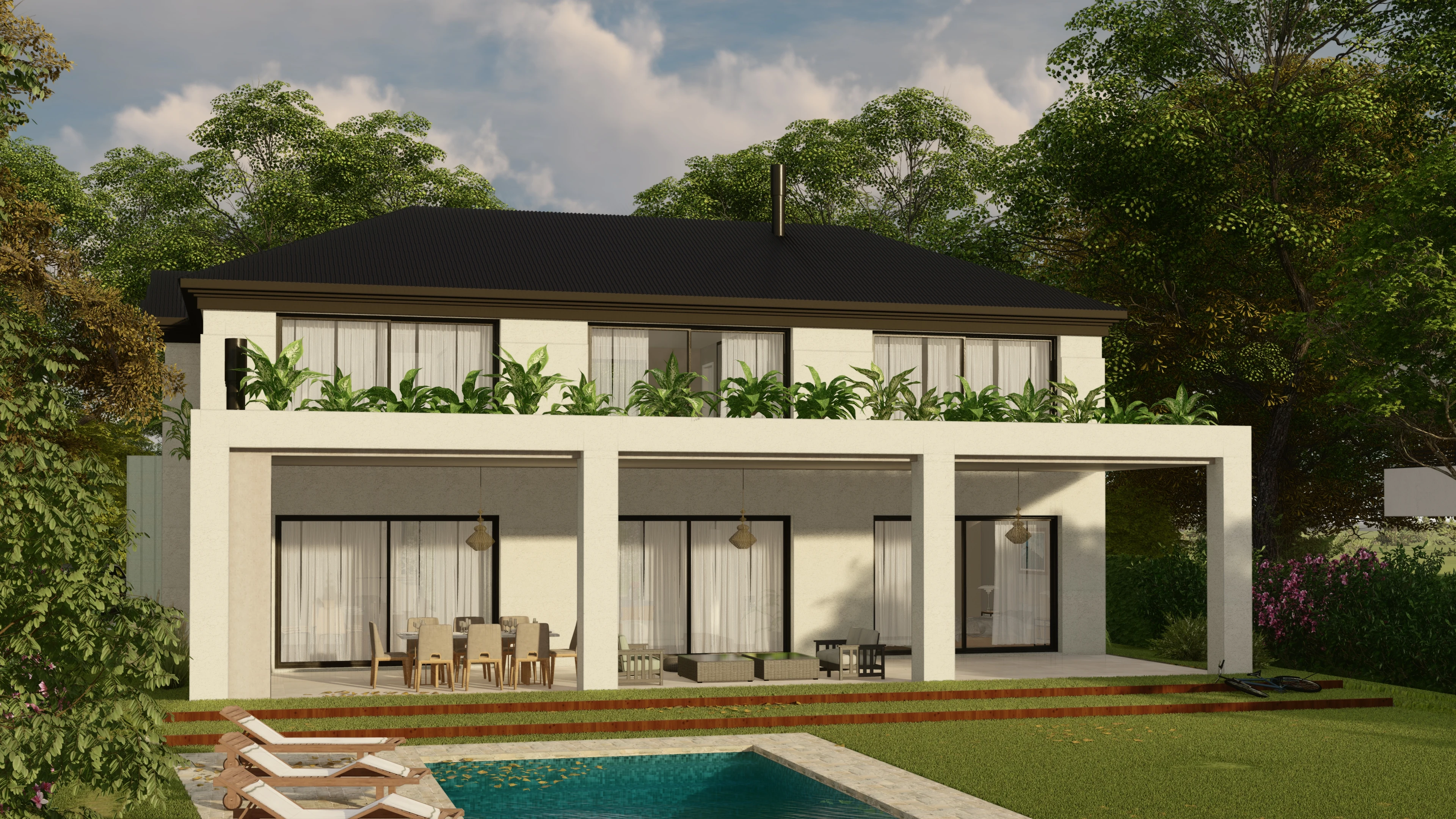 A garden-facing view of a single-family home, showing the relationship between the house, terrace and pool.