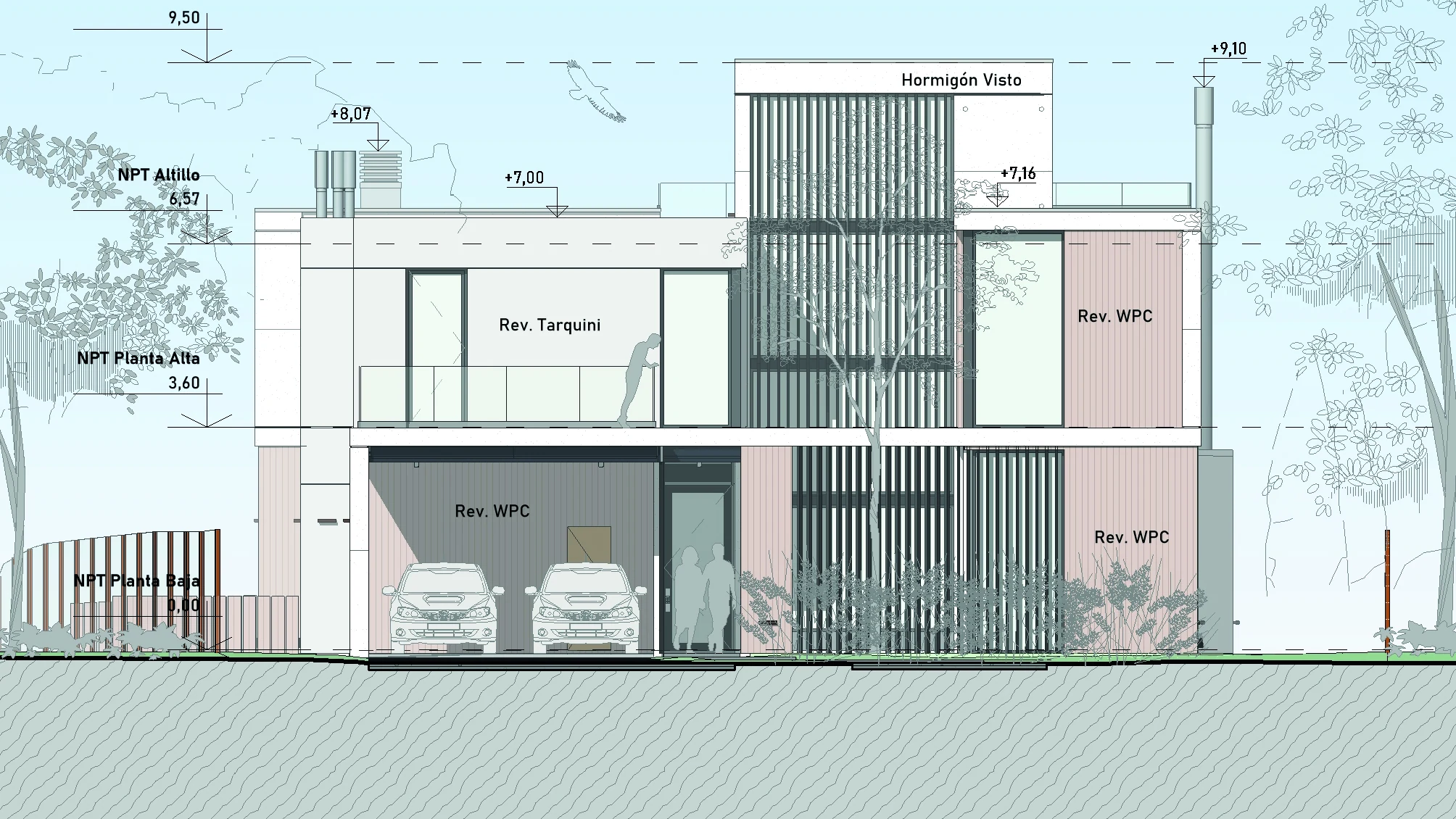 An annotated front elevation combining model geometry, material indications and dimensions.