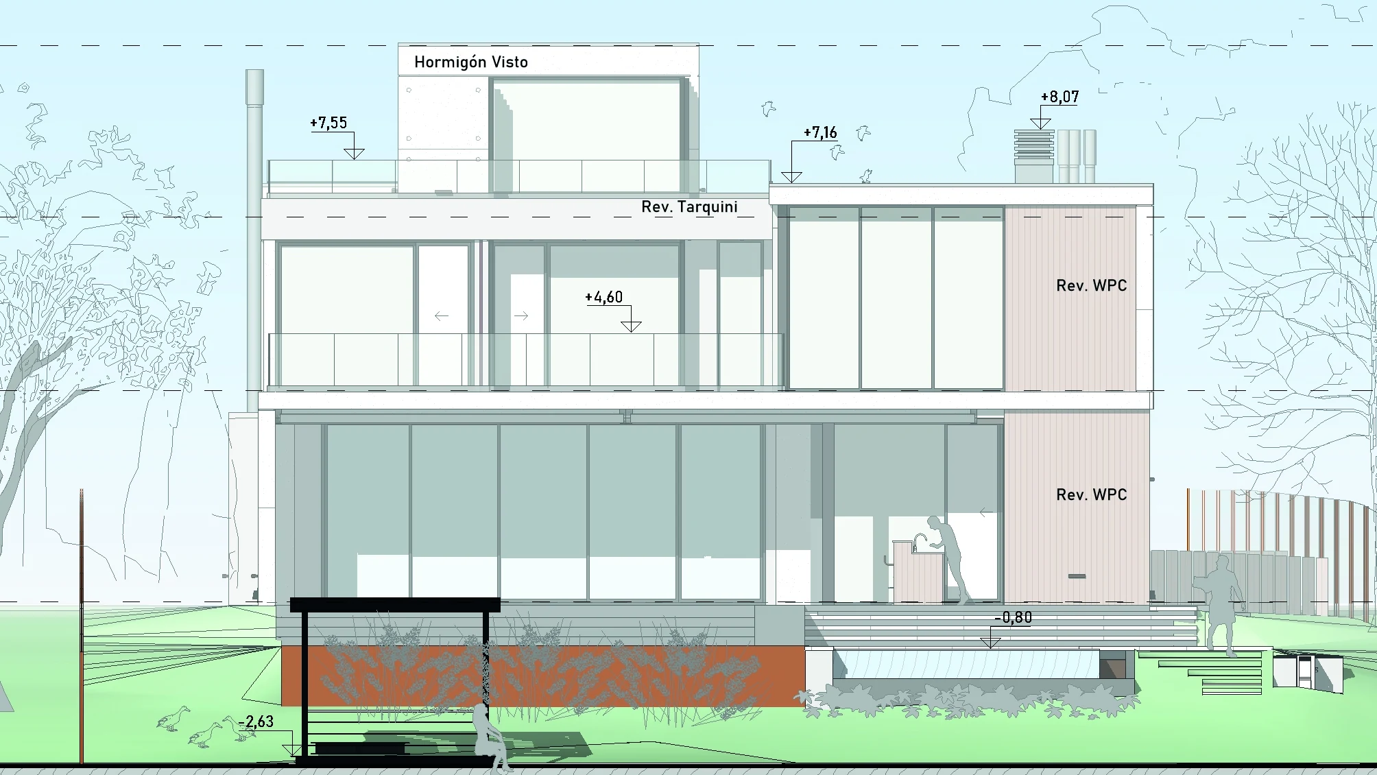 An annotated rear elevation describing openings, levels and the building’s relationship to the ground.