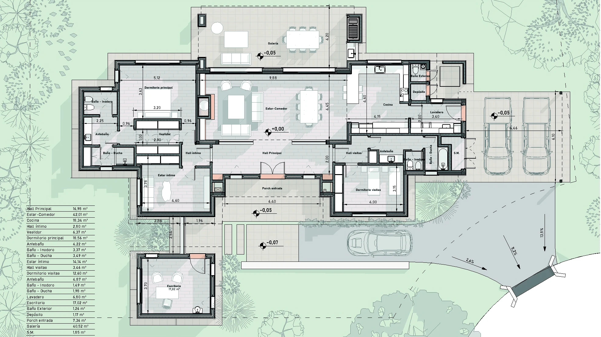 A furnished floor plan presenting the internal layout and its relationship to the surrounding outdoor areas.