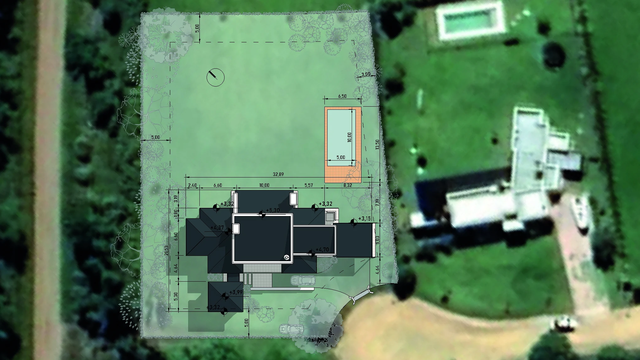 A model-based site plan placed within satellite imagery to communicate the building’s position on the plot.