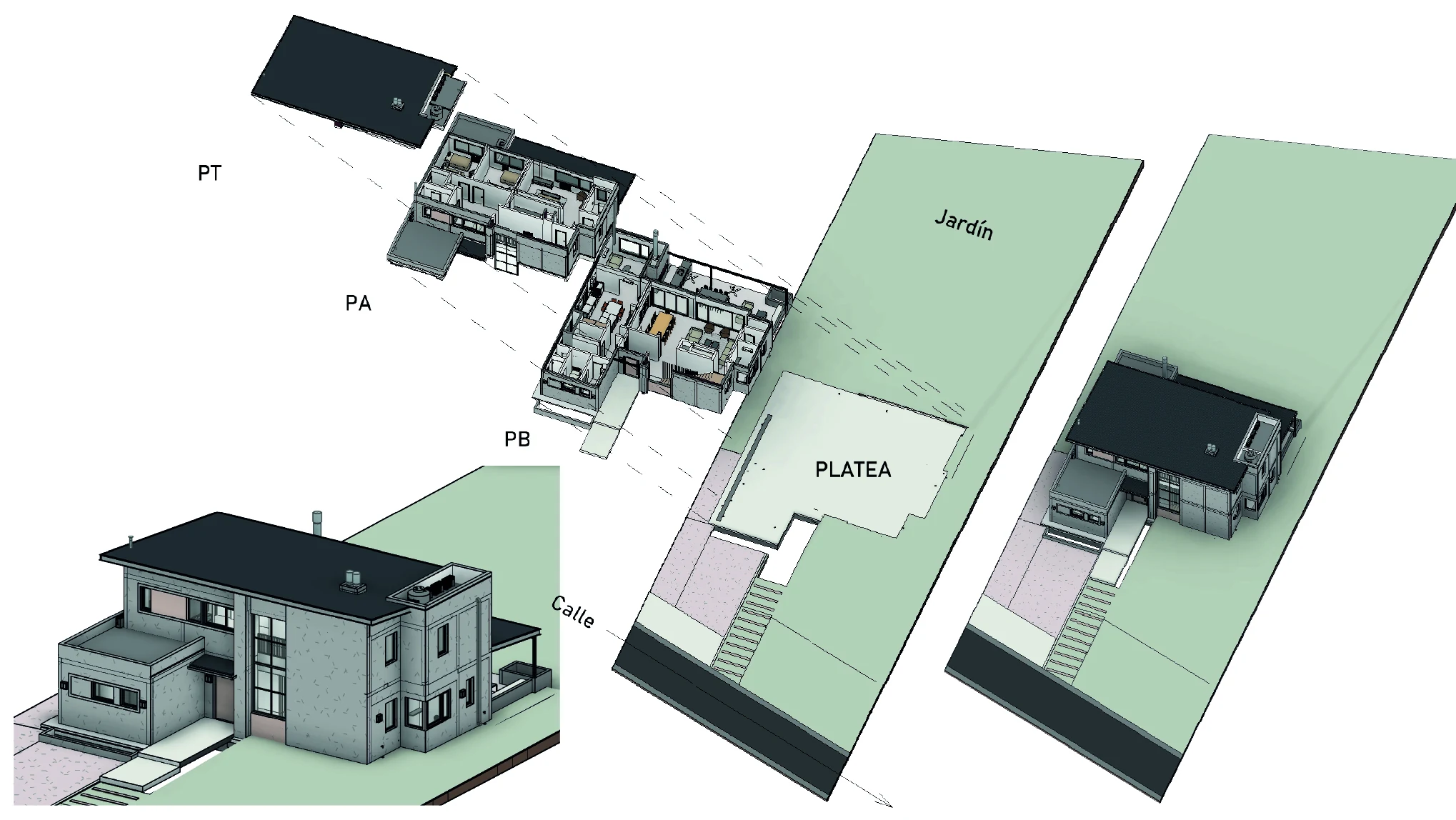 Three-dimensional representations separating building levels and elements to explain the spatial arrangement.