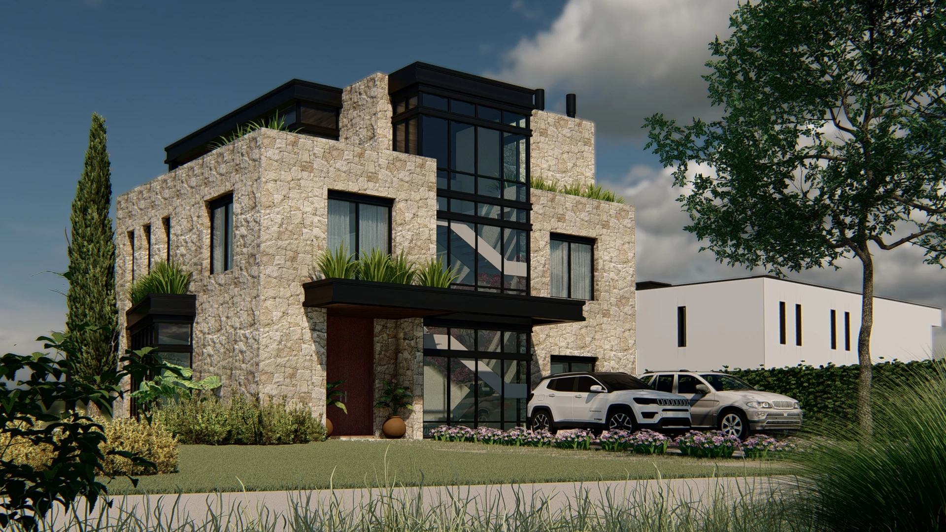 A rendered front view presenting the façade materials, glazing and entrance of a single-family home.