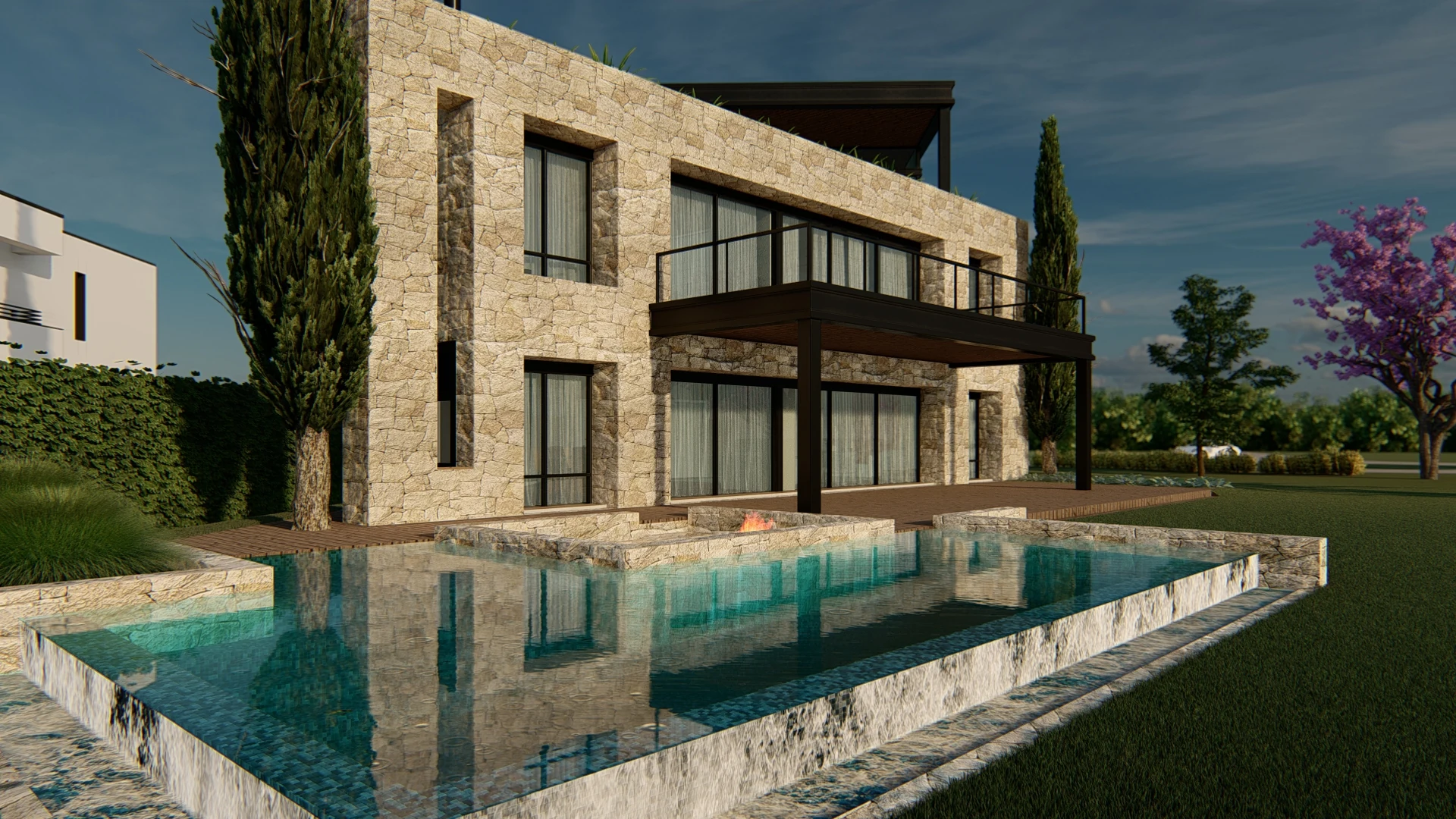 A rendered rear view showing the house, covered outdoor area and pool.