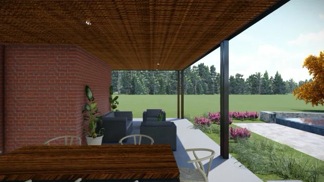 A short walkthrough of a barbecue area and swimming pool, presenting the experience of moving through the outdoor space.