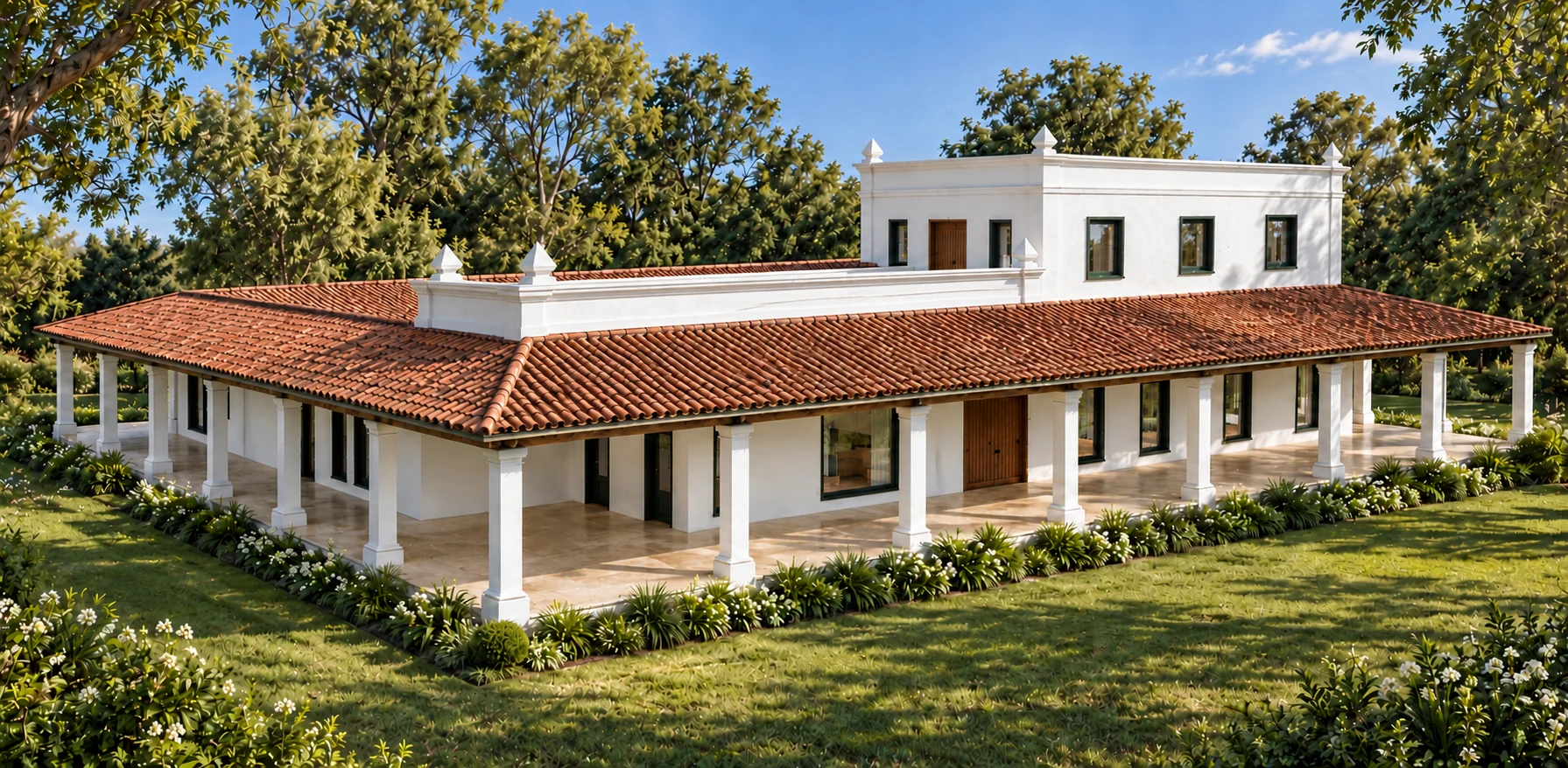 Uncropped AI-rendered perspective of a rural house in the Pampas with tiled roofs and wraparound verandas.