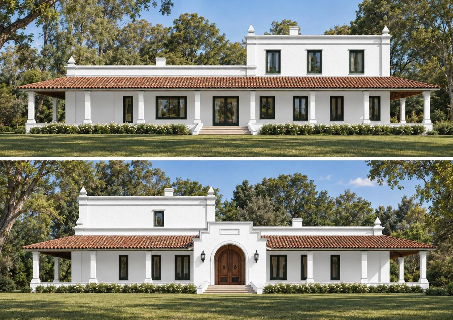 Front and rear views of the rural house in the Pampas.