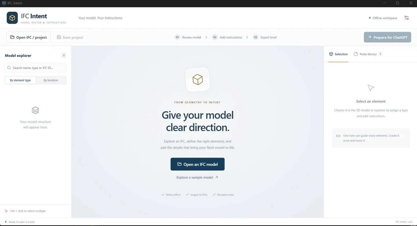 IFC Intent application interface: model explorer, review workspace and modelling instructions