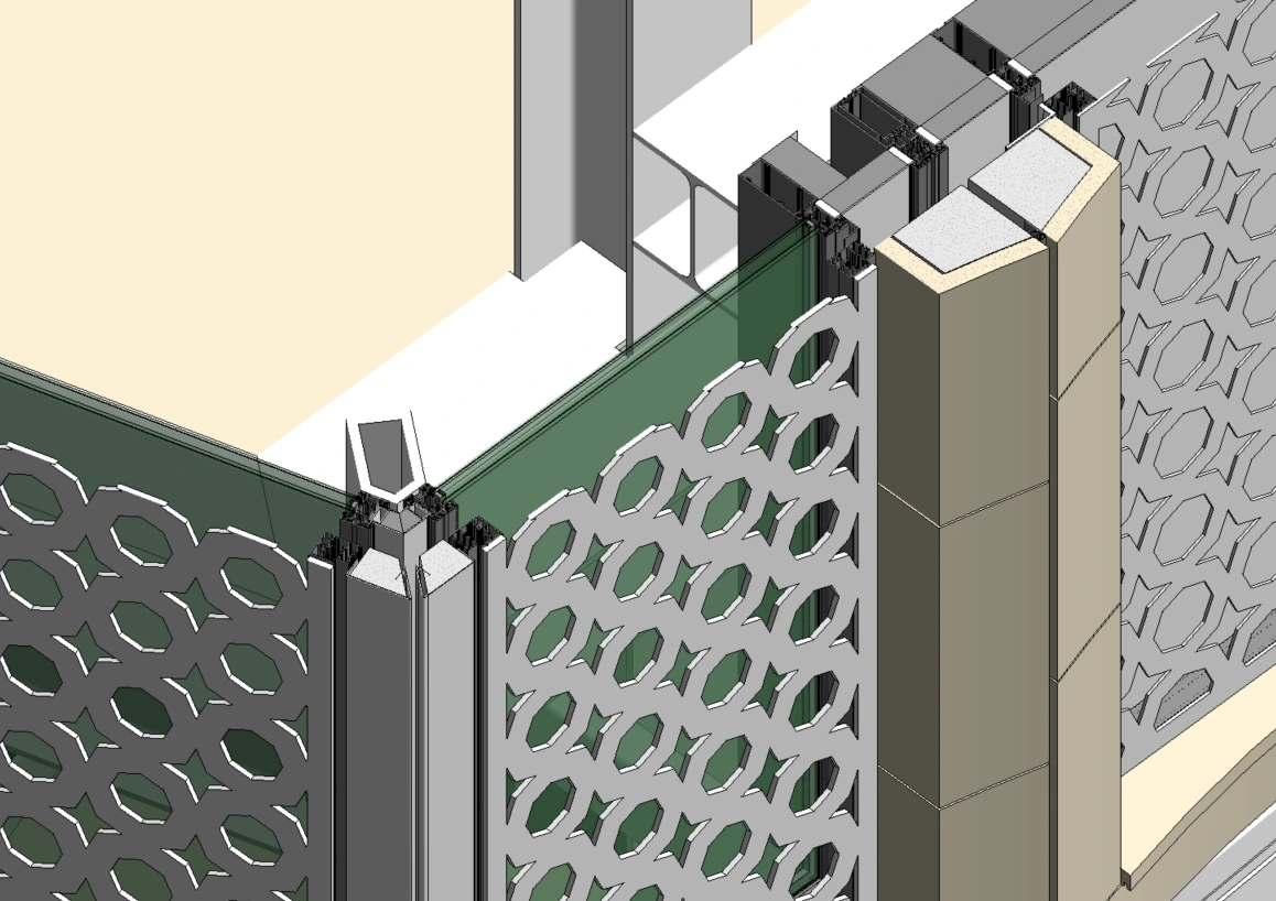 Detailed model of stone, glazing, window profiles and mashrabiya screens.