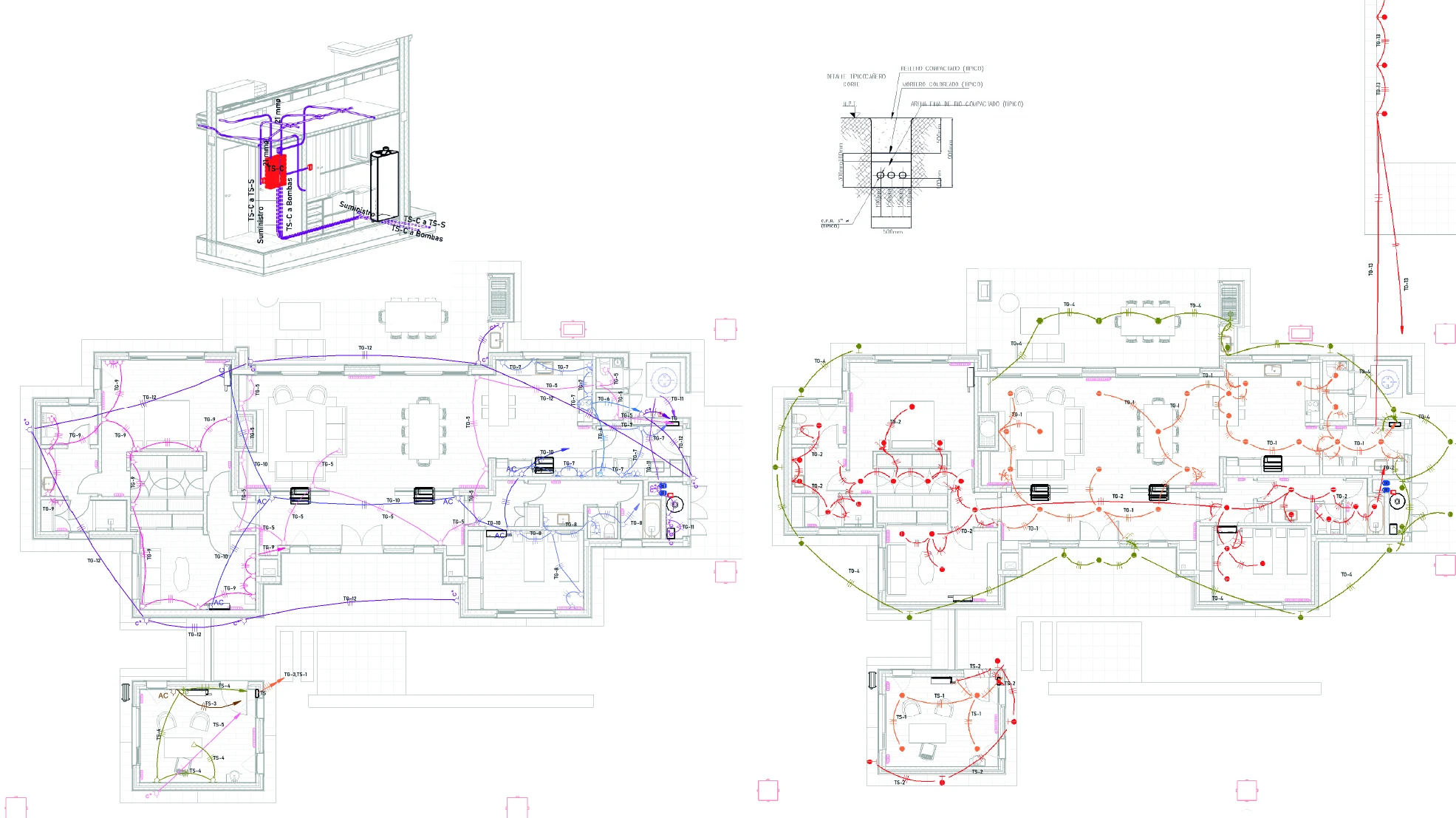 Lighting and outlet circuit plans, panel connections and conduit details connect the electrical layout to its modelled components.