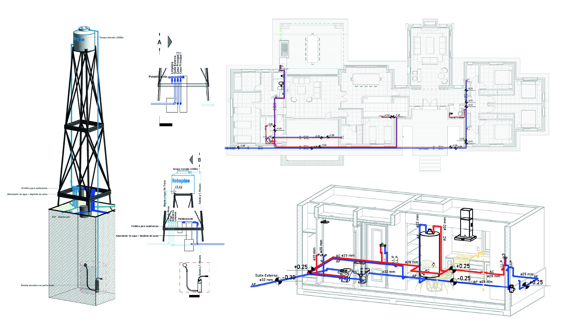 Water supply and distribution shown in plans, sections and a three-dimensional plumbing model.