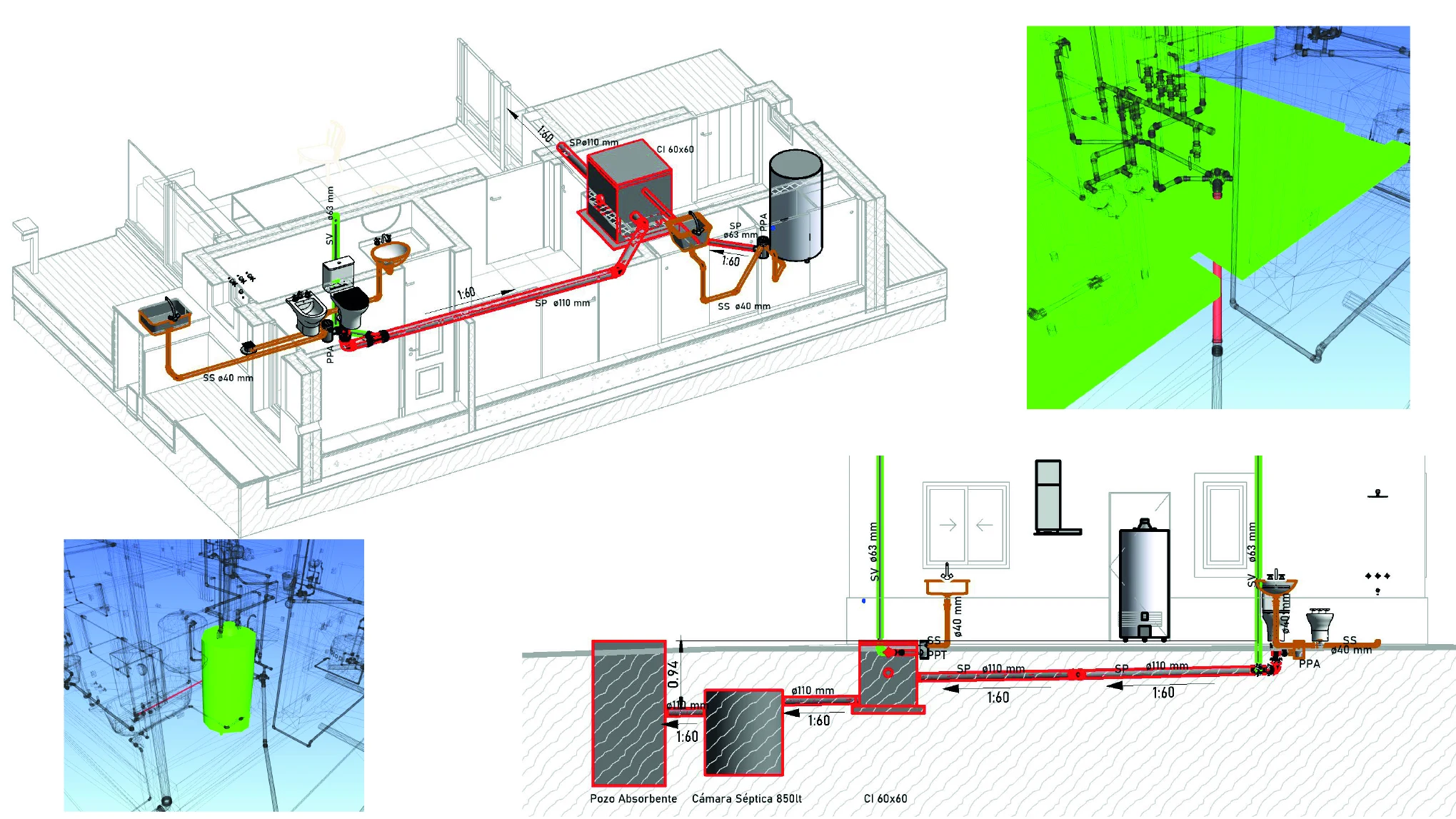 Drainage model views and a section document the sanitary installation, alongside views used to review clashes.