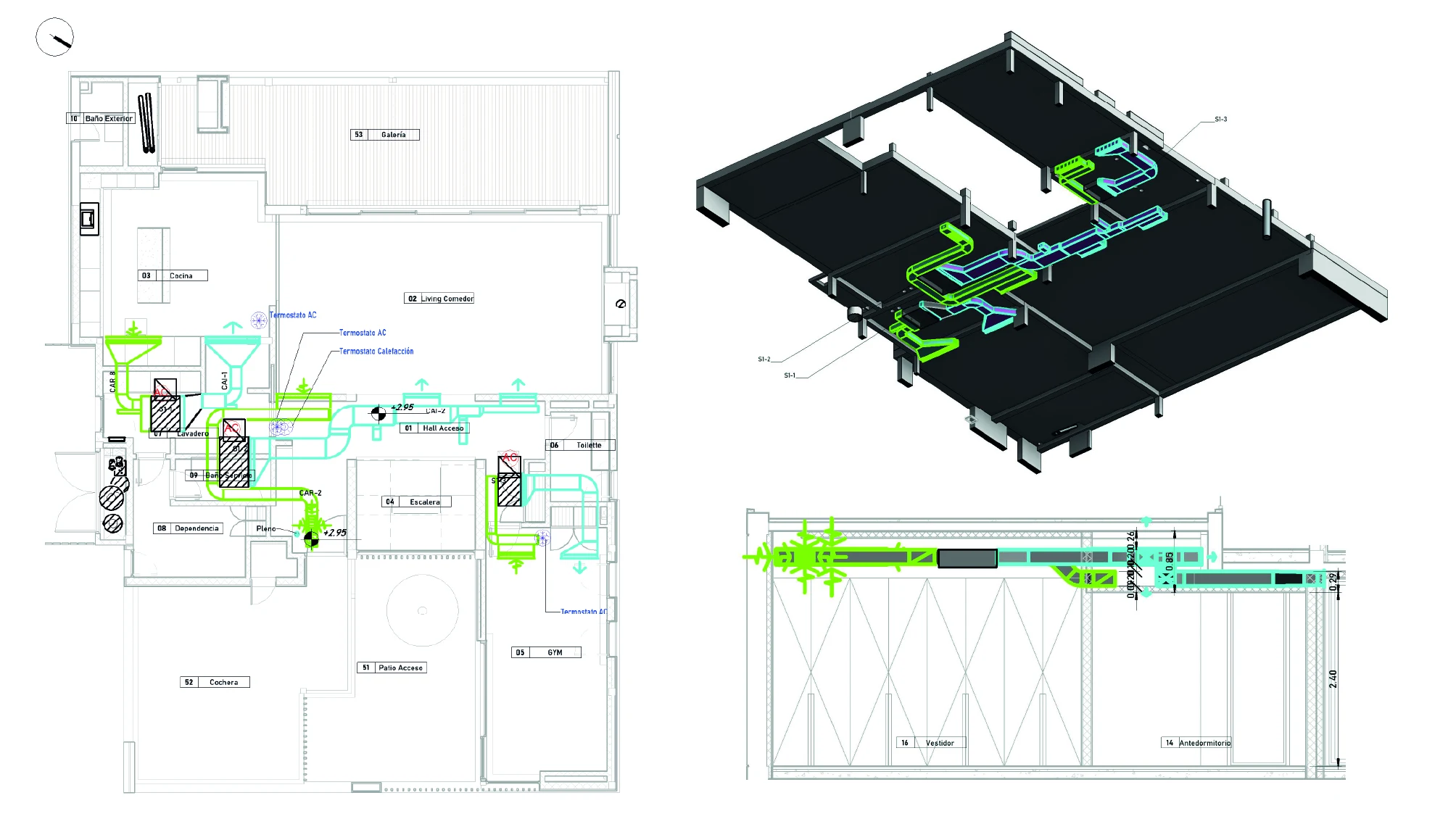 A floor plan, three-dimensional model and section show VRV equipment and ductwork across one level.