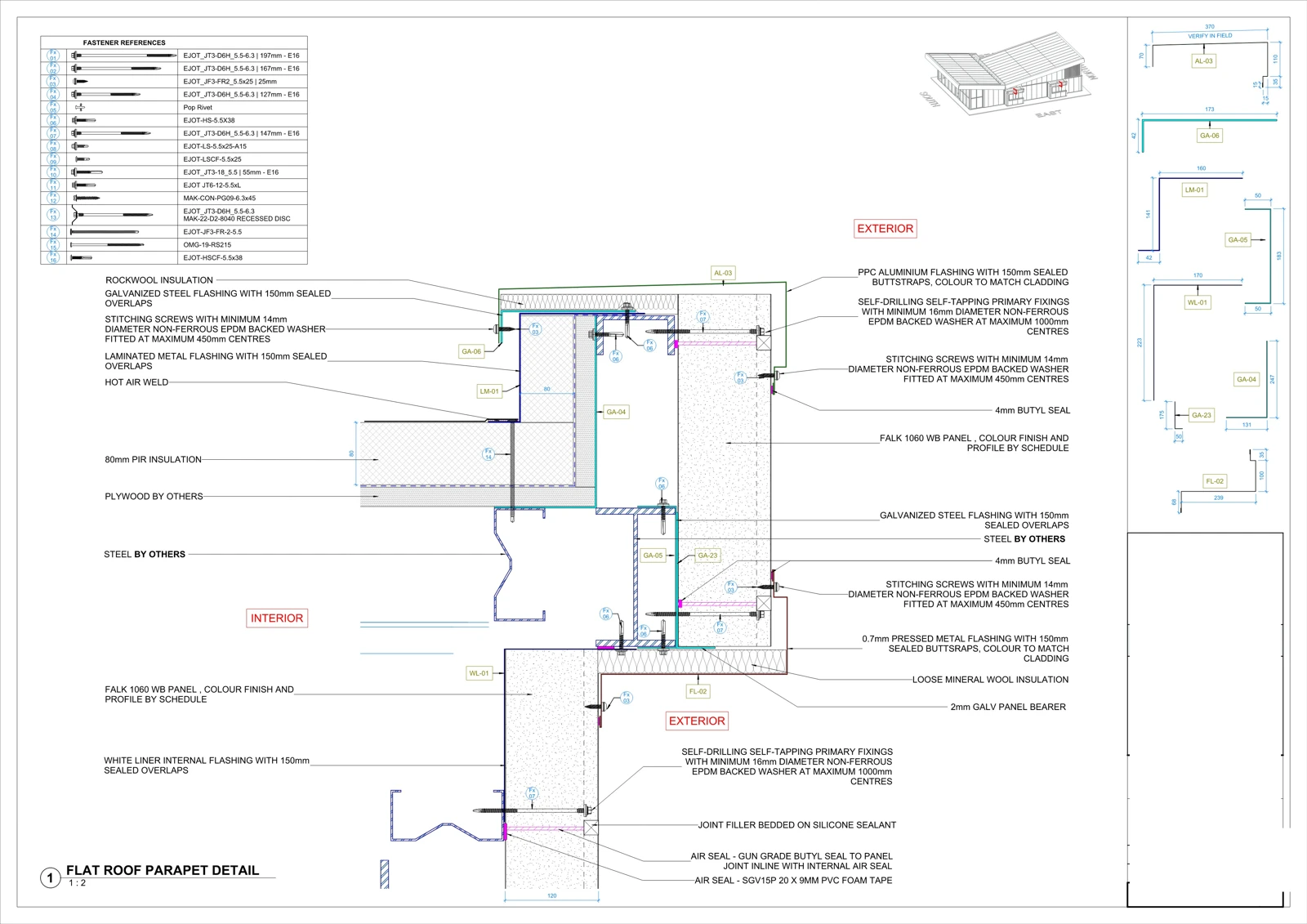A flat roof parapet junction with insulated wall panels, flashings, seals and fixings, supported by fastener references and dimensioned profiles.