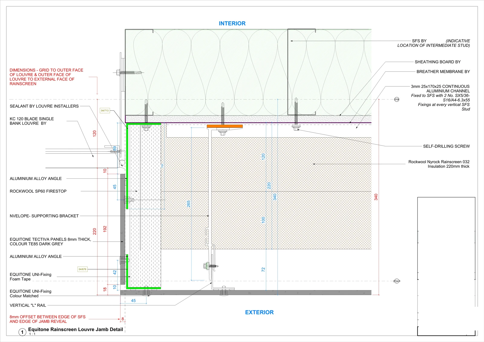 A louvre-to-rainscreen jamb junction showing the interfaces between the louvre, support framing, insulation, firestop, cladding and fixings.
