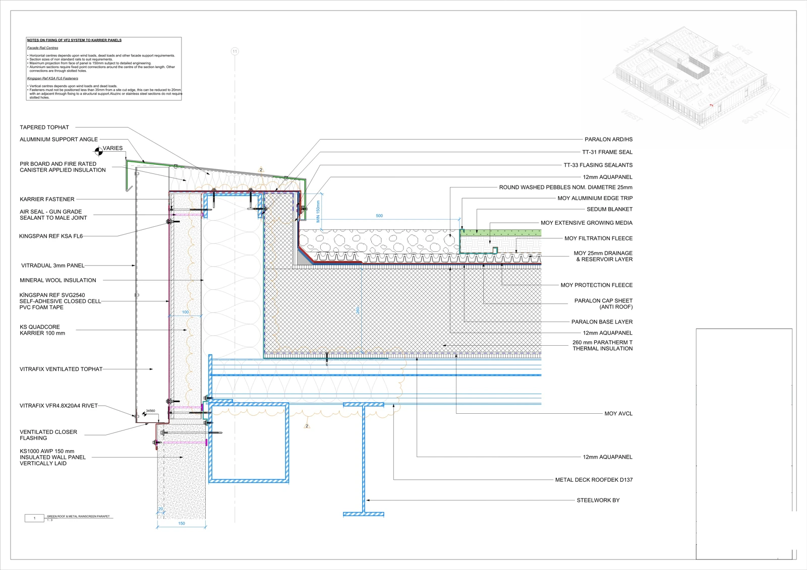 A green roof and metal rainscreen parapet junction, documenting the interfaces between roof build-up, insulation, waterproofing, cladding and supporting structure.