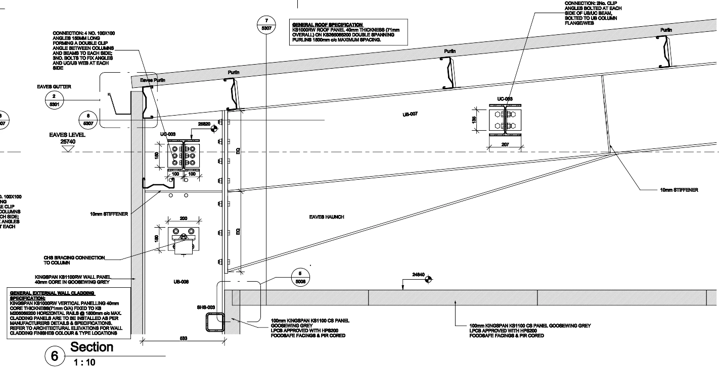 A dimensioned section of the same eaves junction, showing the haunch, bolted connections, stiffeners, purlins and wall panel interfaces.
