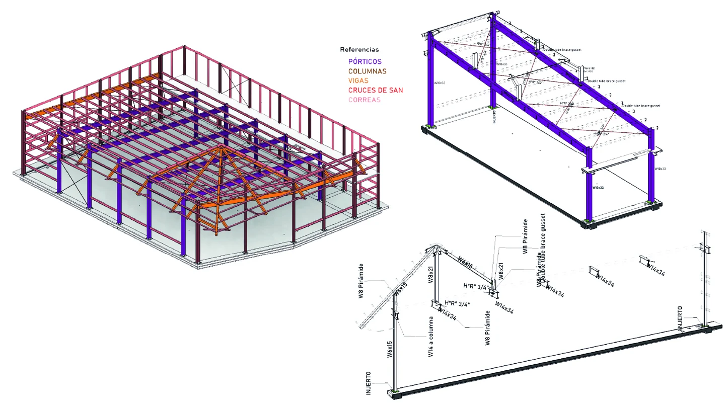 An overall steel model and portal-frame views for commercial premises, linking the framing arrangement to component documentation.