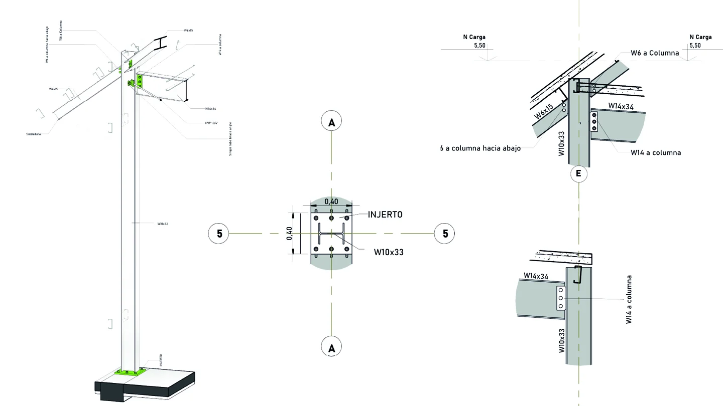 Column bases, anchors and beam-to-column junctions presented through model views and annotated connection details.