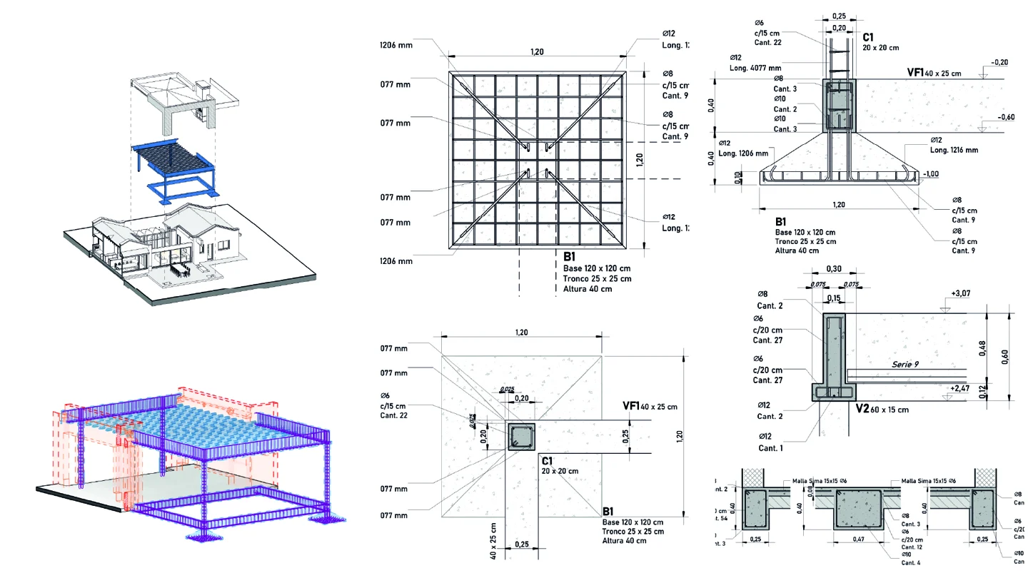 Structural model views alongside foundation plans, sections and reinforcement details.