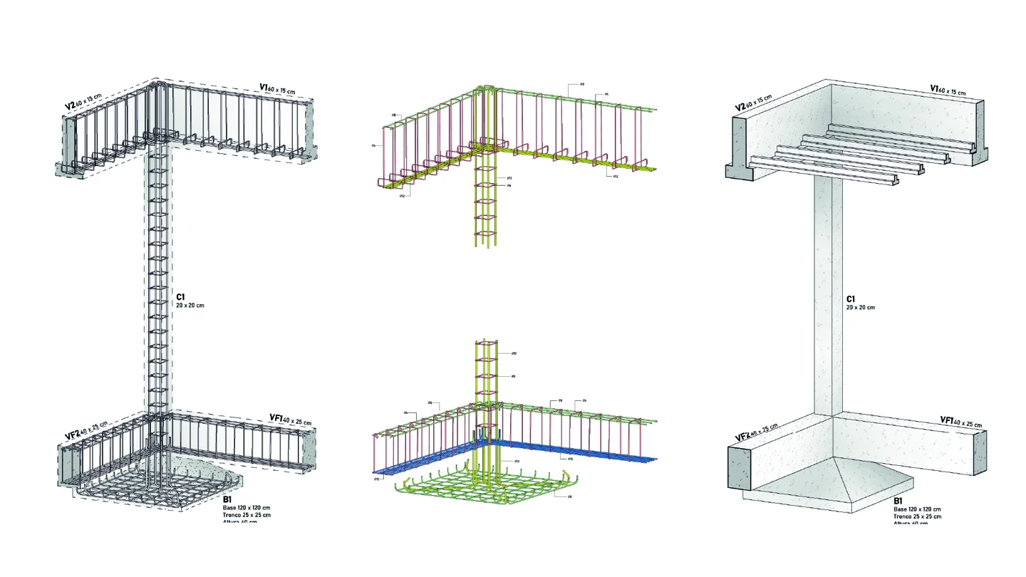 A vertical assembly connects upper framing, beams and columns to the foundation, with reinforcement shown in separate model views.