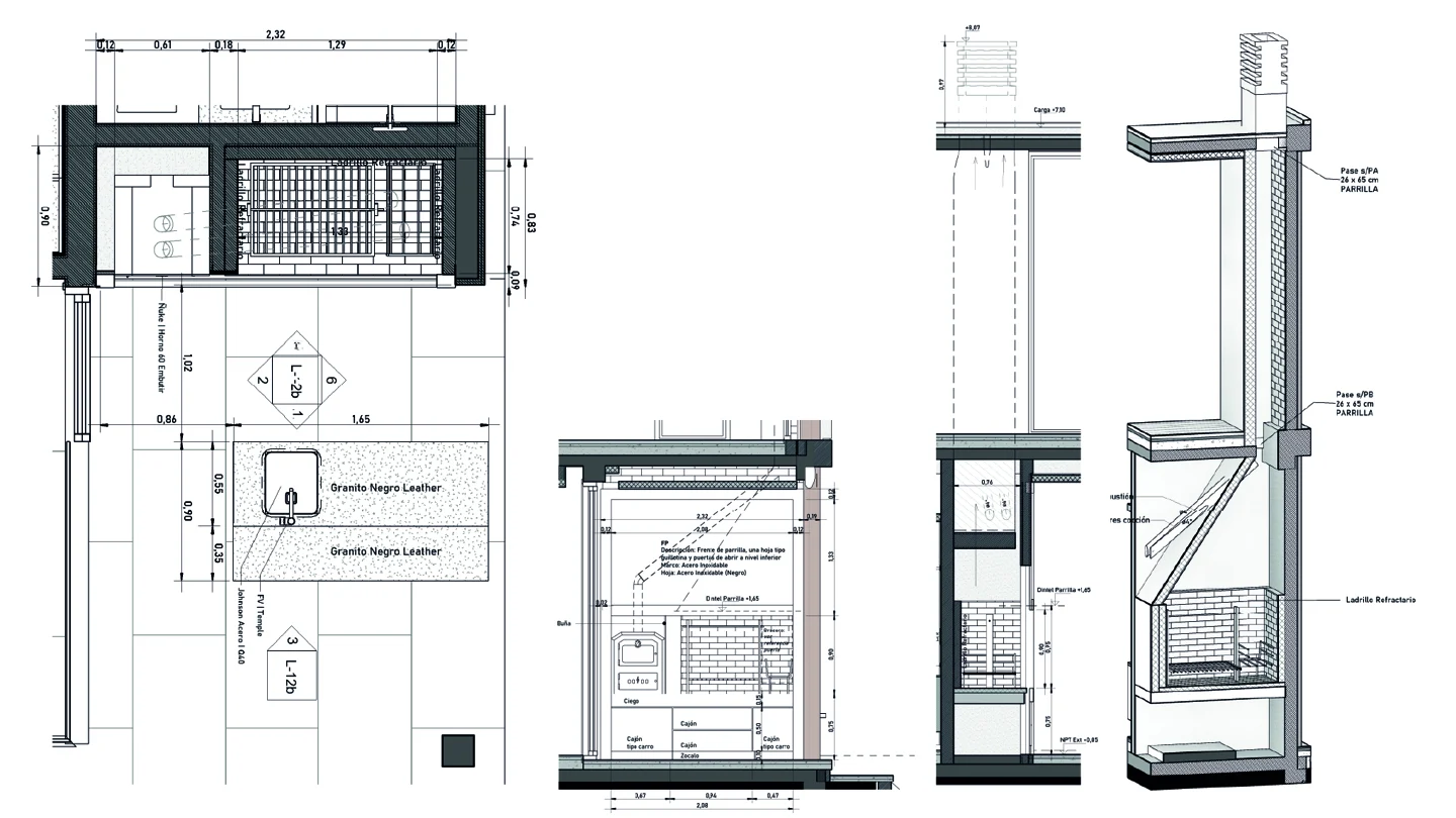 A plan, elevation and sectional views describe the grill assembly, supporting masonry and flue.