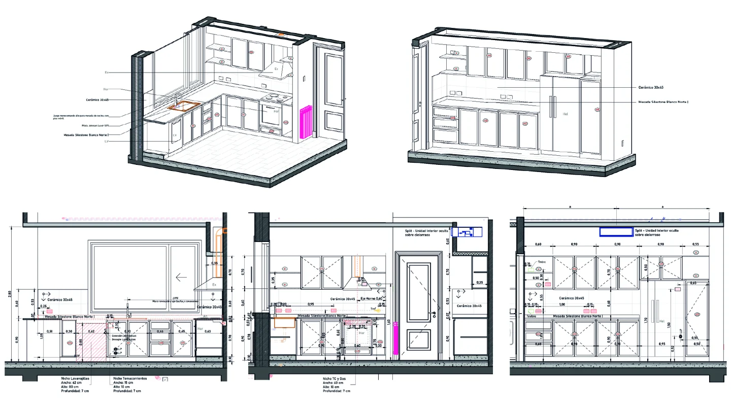 Three-dimensional views, elevations and sections describe kitchen cabinetry and its relationship to the surrounding room.