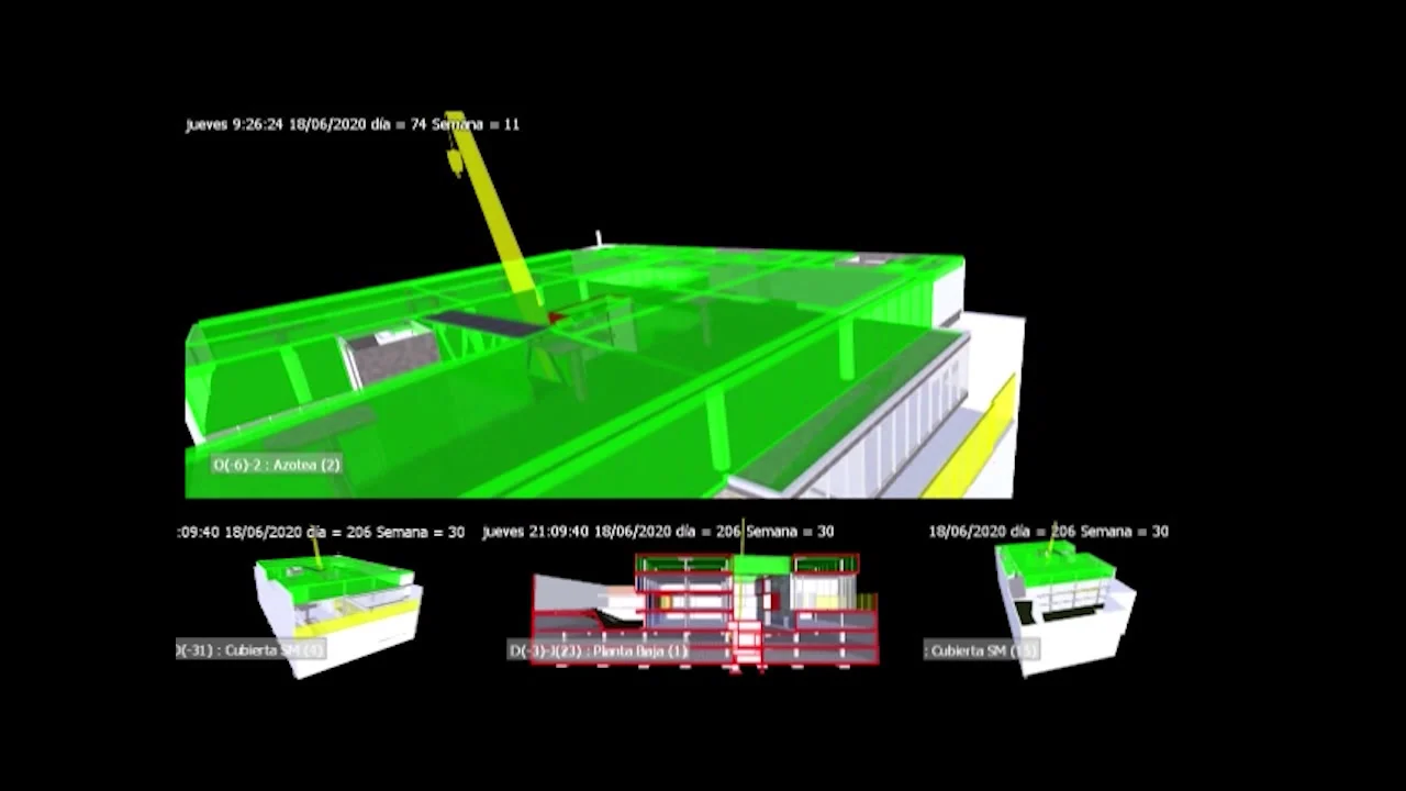 An animated logistics simulation for an urban building with basement and upper levels, connecting the building model with a construction programme.
